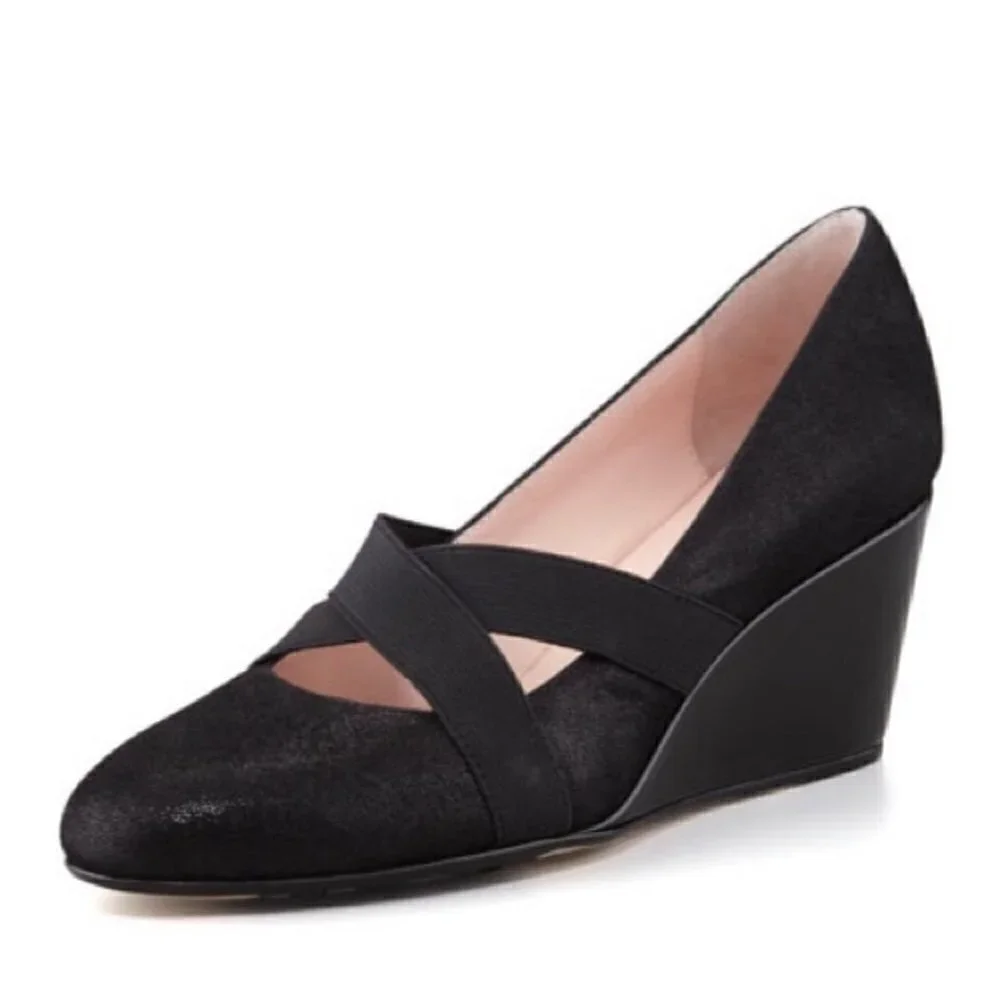 Taryn By Taryn Rose Women's Black Suede Crisscross Strap Wedge Heels Size 9.5